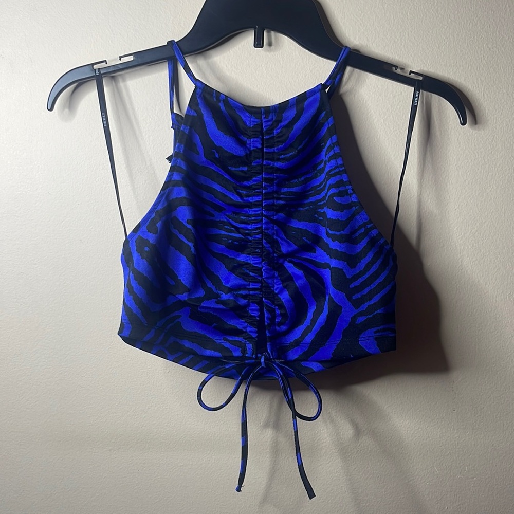 Blue and Black zebra striped crop top. Size Small. Brand is Forever 21.